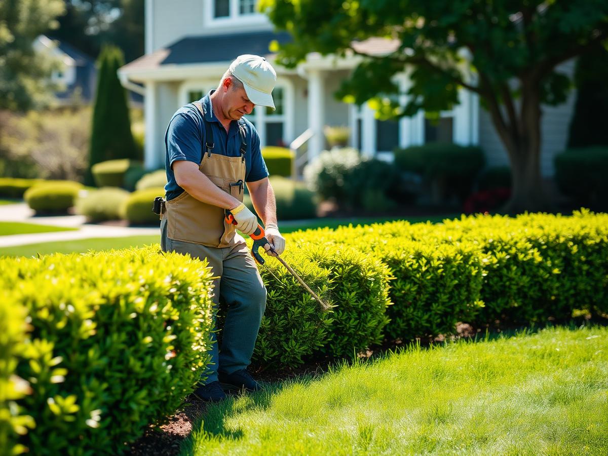 Professional hedge trimming in progress