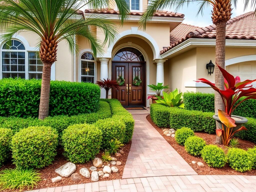 Manicured hedges and decorative rock at home entrance