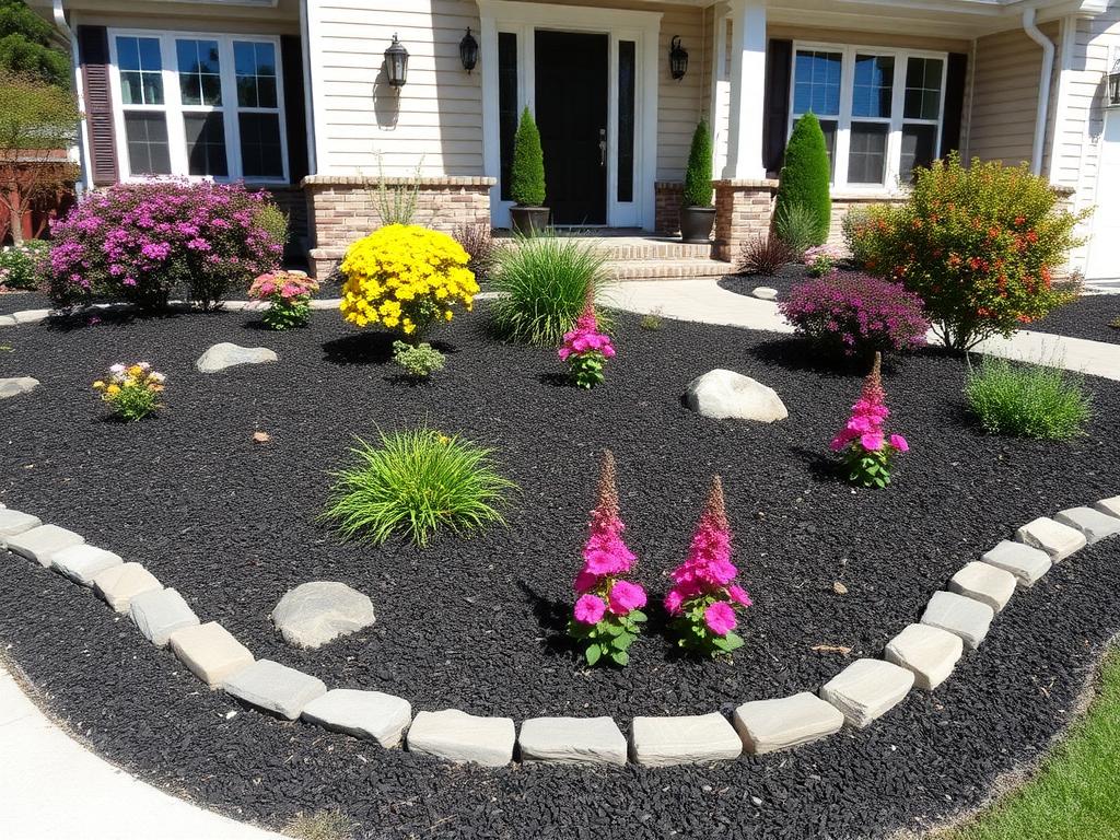 Fresh mulch and flower bed landscaping installation