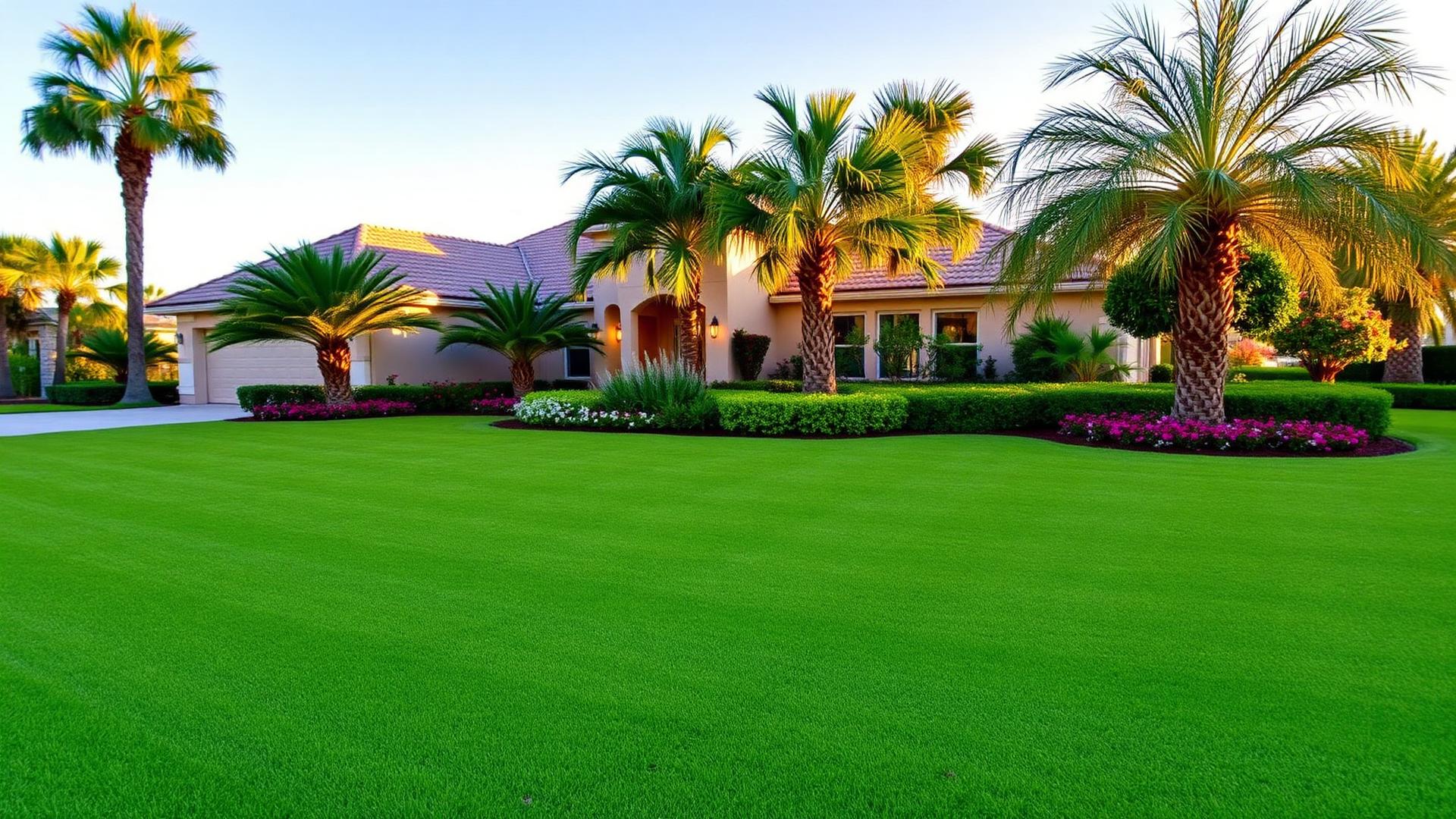 Pristine landscaped Gulf Coast home with lush green lawn and palm trees